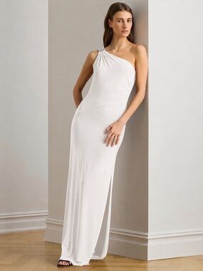 Ralph Lauren Evening Elegant Grecian One-Shoulder Embellished Gown Size 2P